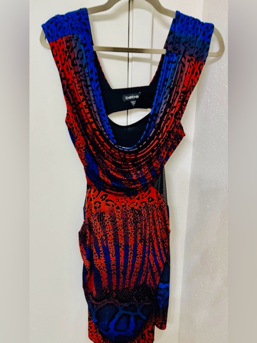 bebe Red and Blue Animal Print Drape Neck Dress